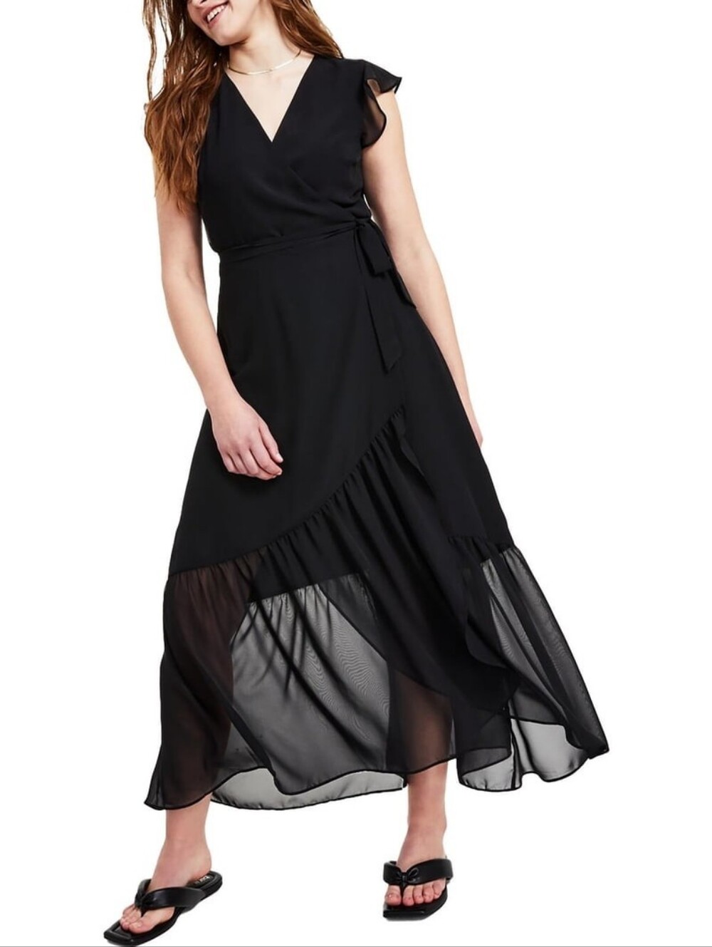Bar III Black Womens Petites Ruffled Maxi Dress with Sheer Panel NWT Sz PS